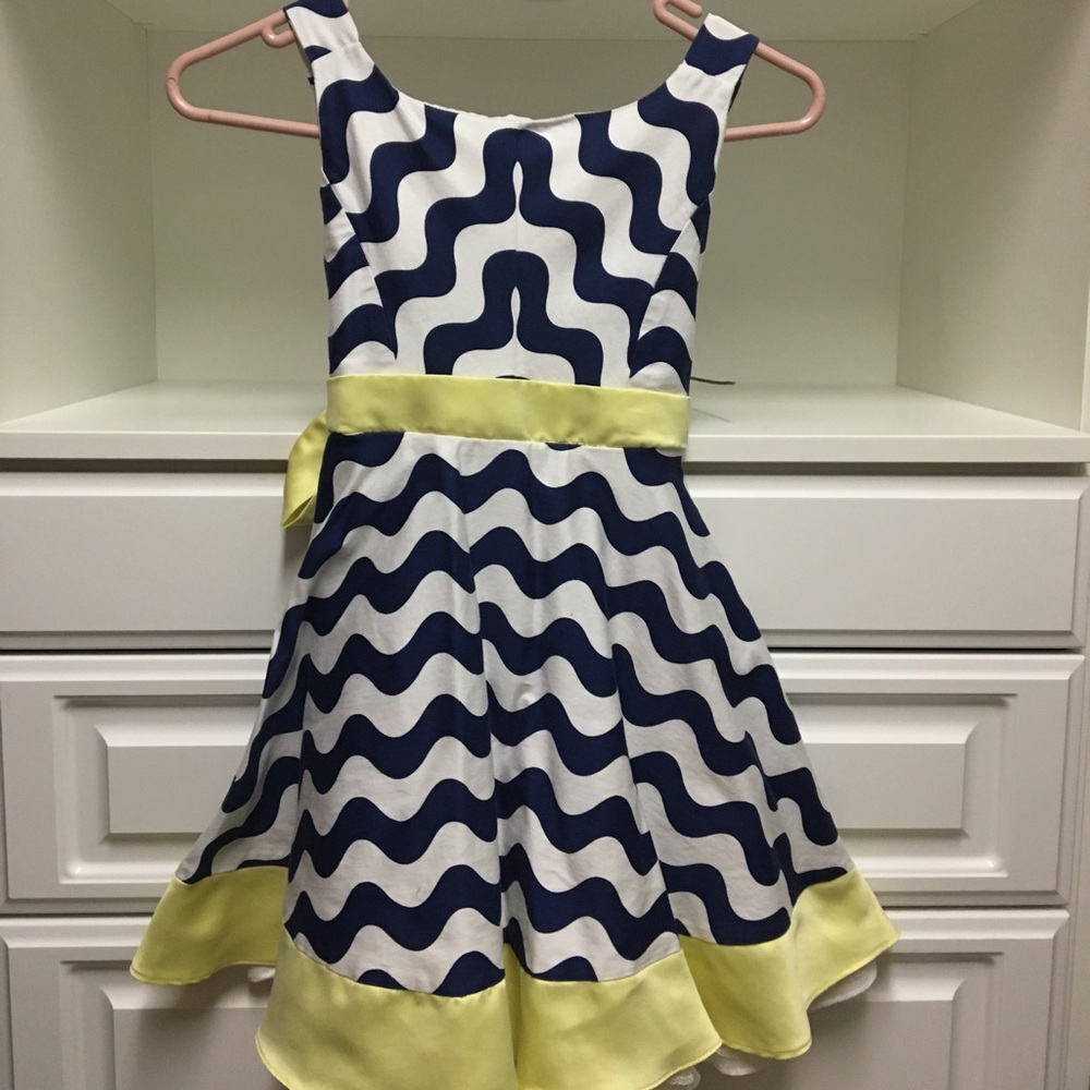 Girls Navy and White Dress with Yellow Sash